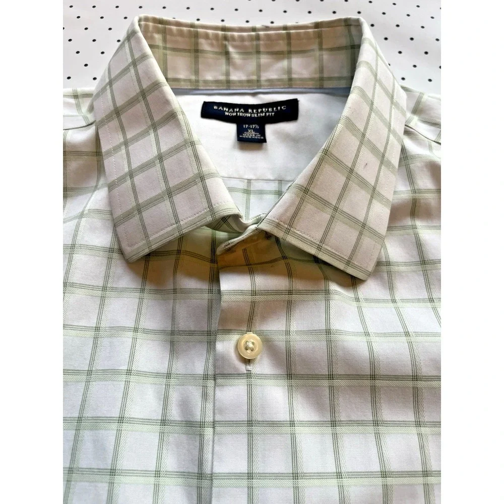 Non-Iron‎ Slim Fit Windowpane Dress Shirt Men XL White Green Office Formal